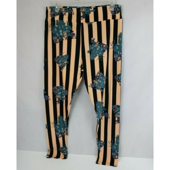 New LuLaRoe TC2 Halloween Leggings Orange & Black Striped W/ Haunted Houses - Picture 1 of 6